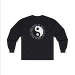 Front view of Balance long sleeve crew neck tee with graphic design on white background.