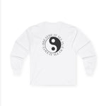 Front view of Balance long sleeve crew neck tee with graphic design on chest in neutral color.