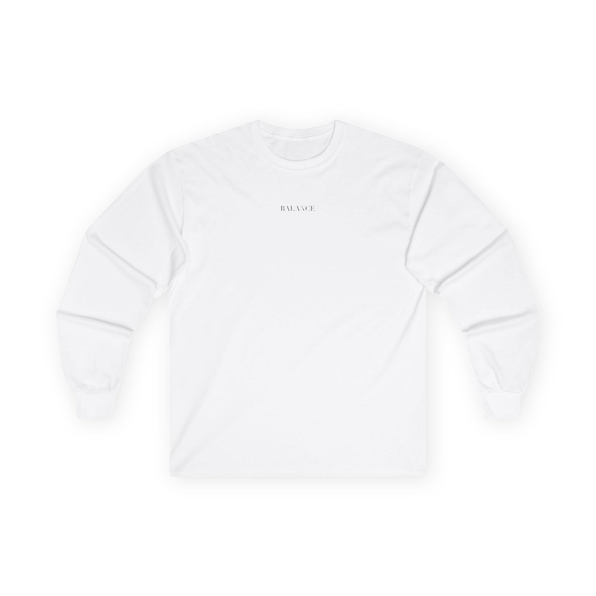 Front view of Balance long sleeve crew neck graphic tee in light beige with black text design.
