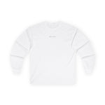 Front view of Balance long sleeve crew neck graphic tee in light beige with black text design.