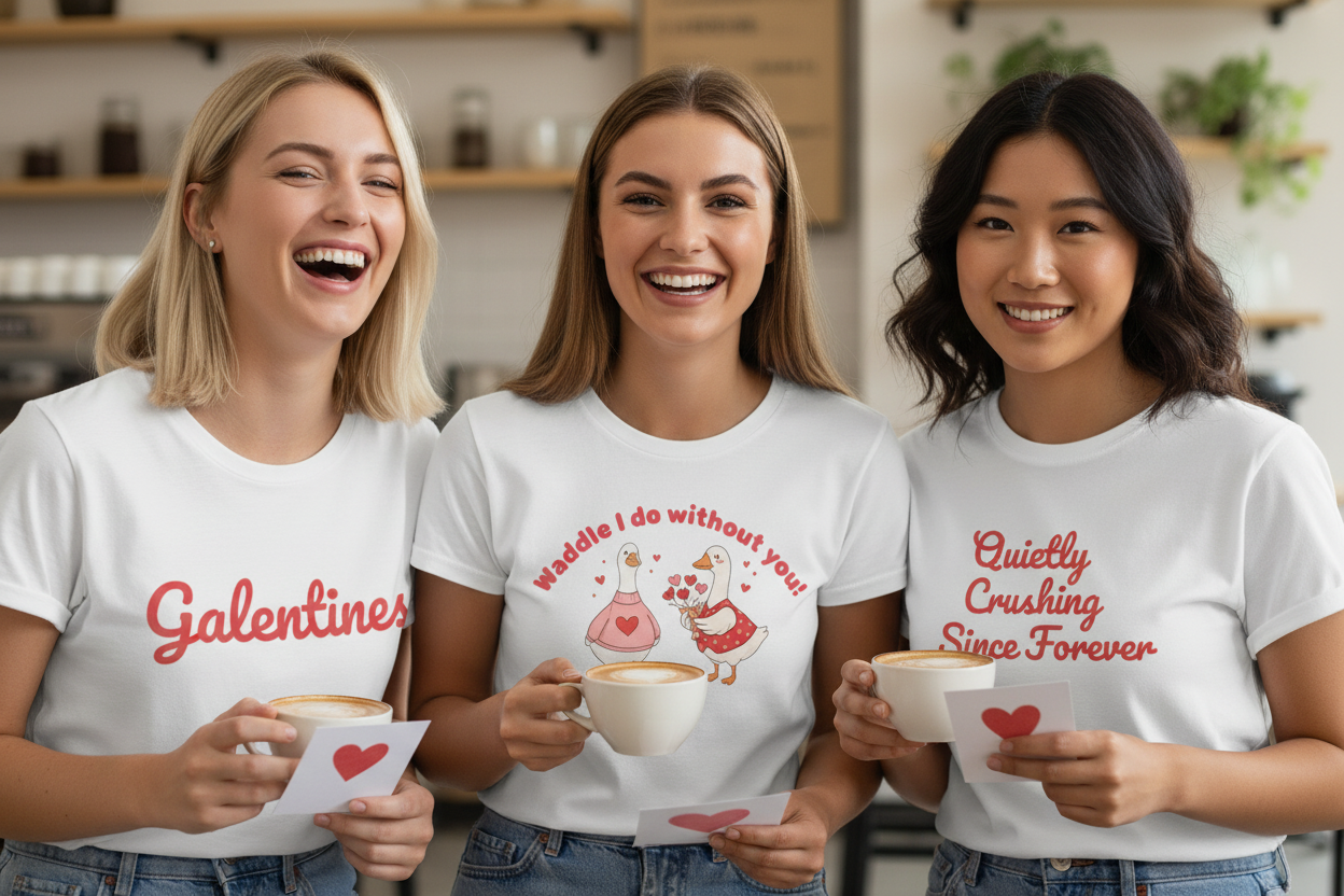 add in two more girls one is wearing the shirt that says "galentines" and the other a shirt that reads "Quietly Crushing Since Forever" both fonts are friendly, red text on white shirts, the girls are aussie caucastion and asian